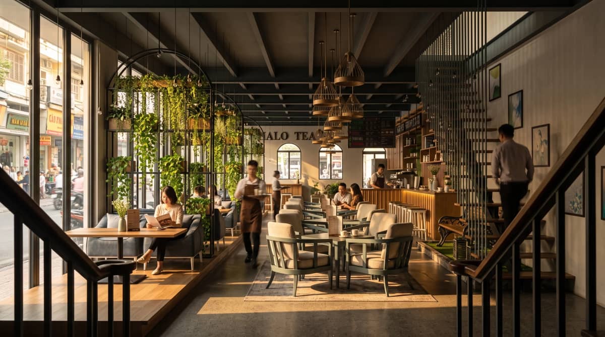 An exterior render with people and surroundings that fit the place