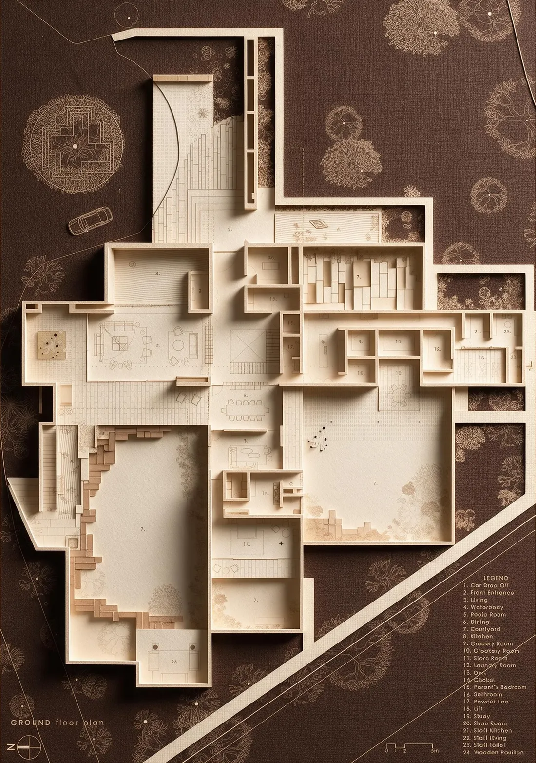 The same drawing, rendered as Paper cutout · Deep bevel, Umber Cream, Creative 1